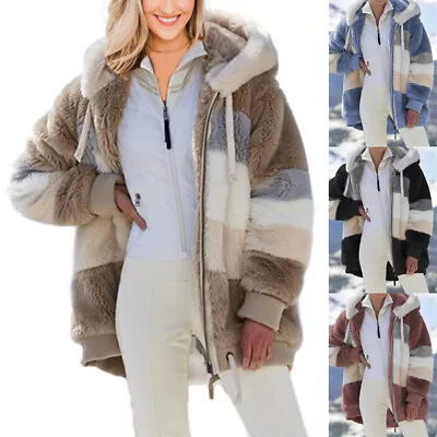 Buy Ladies Warm Teddy Bear Fluffy Coat Fleece Hooded Jacket Color Matching Outwear • 17.99£