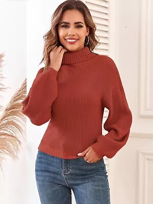 Buy ZAFUL Rust Cropped Chunky Turtleneck Sweater Lantern Sleeve Ribbed Knit Pullover • 18.90£