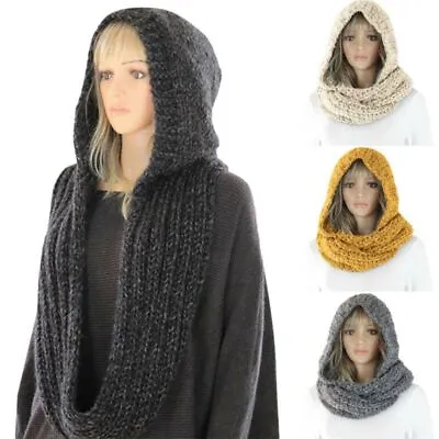 Buy Soft Hooded Knitted Scarf Warm Wrap Circle Loop Neck Hooded Scarf  Women • 9.65£