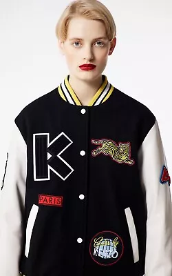 Buy Kenzo Leather & Wool Logo Patch Varsity Bomber Jacket Medium • 65£