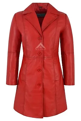 Buy TRENCH Ladies Leather Jacket Red Knee-Length Classic Designer Lambskin Coat 3457 • 128.62£