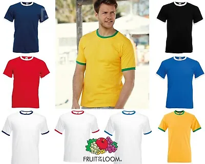 Buy MEN Short Sleeve RINGER T SHIRT Fruit Of The Loom Contrast Tee Cotton Sports Top • 6.99£