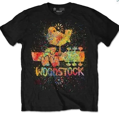 Buy Woodstock Unisex T-shirt Splatter Motif New Size Large Black Official Merch • 19.69£