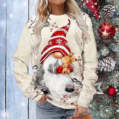 Buy AMhomely Christmas Sweatshirt Beige Elf Print Women's Medium • 10£