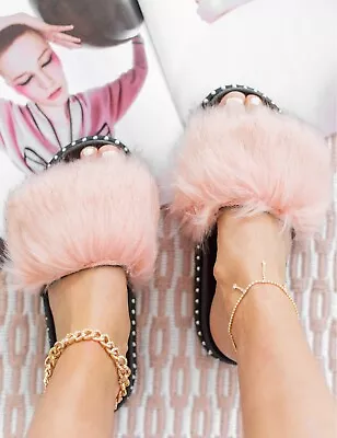 Buy Ladies Womens Faux Fluffy Fur Sliders Warm Fashion Summer Sandals Slippers Shoes • 9.95£