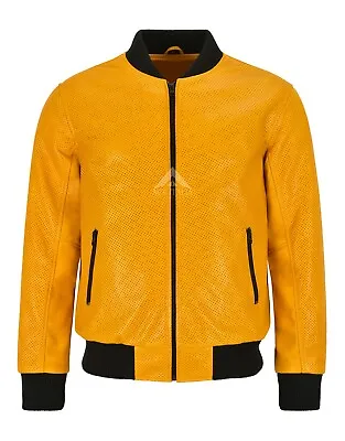 Buy Men's Bomber Jacket Perforated Mustard Napa Leather Classic Aviator Series 4987 • 150£