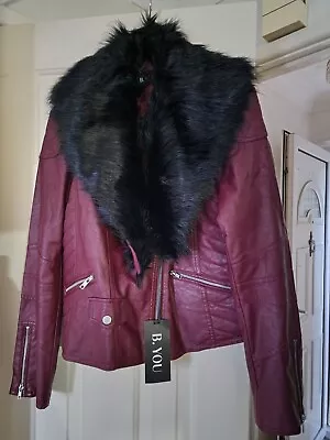 Buy B. YOU PU Leather Faux Fur Burgundy Biker Coat Jacket Size 18 • 35£