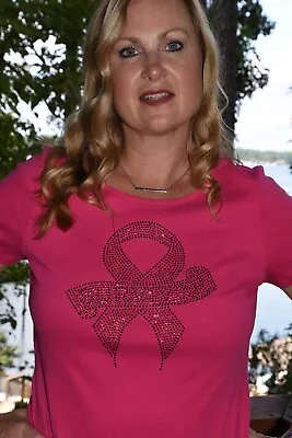 Buy Pink Rhinestone Bling  Breast Cancer Survivor Short Sleeve Shirt Size Medium • 19.29£