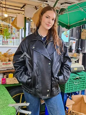 Buy Women's Oversized Bomber Biker Leather Jacket Label Collar Casual Wear Jacket • 127.99£