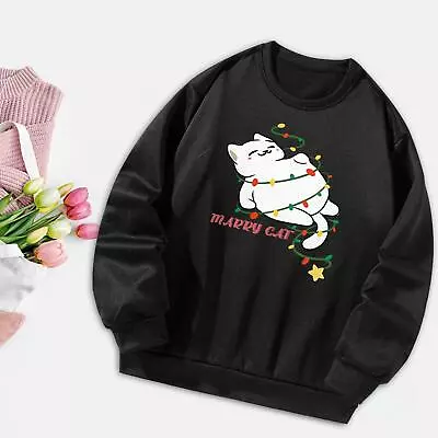 Buy Women's Crewneck Sweatshirt Activewear Y2K Merry Christmas Cat Shirts No Hood • 12.20£