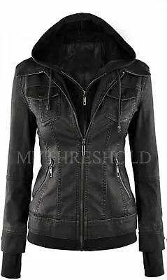 Buy Womens Black Motorcycle GENUINE BLACK Hooded Real Leather Jacket • 37£