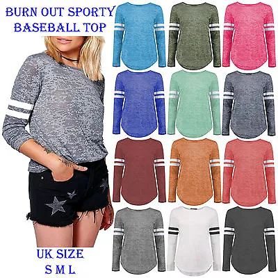 Buy New Womens Burn Out Stripe Baseball Top Long Sleeve Sports Pullover T Shirt Top • 6.99£