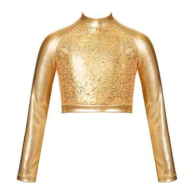 Buy UK Girls Shiny Metallic T-shirt Long Sleeve Mock Neck Crop Top Hip Hop Dance Top • 9.91£