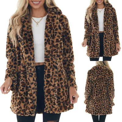 Buy Womens Leopard Print Jacket Overcoat Ladies Teddy Bear Winter Warm Trench Coat • 14.29£