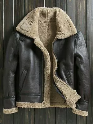 Buy Mens Shearling Fur Bomber Jacket Natural Sheepskin Leather MF7 • 119.95£