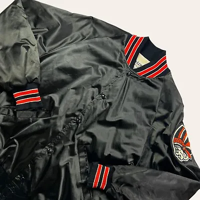 Buy Vintage Varsity Satin Jacket Mens Medium 90s Black Bomber Coat DeLong Made USA • 26£