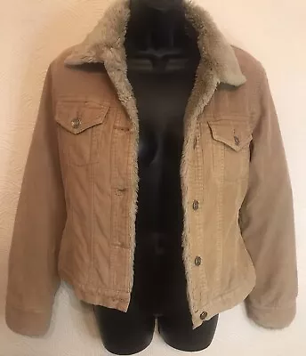 Buy Ladies New Look Denim Cord Sherpa Trucker Jacket Tan Beige Fur Lined ButtonUk 10 • 9.99£