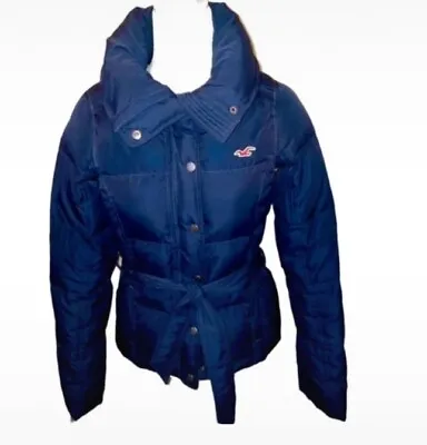 Buy Hollister Down Puffer Jacket Padded Belted Navy Tartan High Collar Size Small • 12£