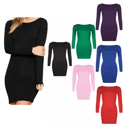 Buy Womens Long Sleeve Round Scoop Neck Plain T-Shirt Ladies Fitted Tee Top 6 To 24 • 7.33£
