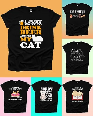 Buy Cat Beer Ew People Books Easily Distracted Sorry I'm Late Tshirt Men's Woman UK • 10.99£