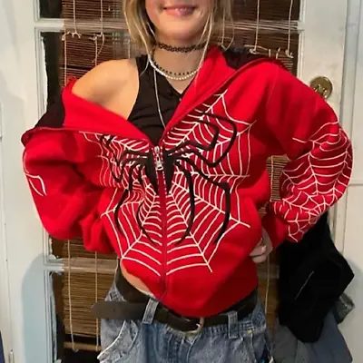 Buy Y2k Emo Women Streetwear Hoodie Spider Web Zip Up Hoodies Grunge Oversized Gothi • 23.16£