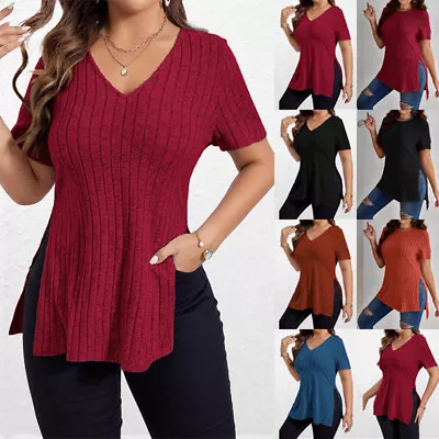 Buy Women Ribbed Tunic Tops Ladies Summer Casual Loose Split T Shirt Blouse Tee Size • 3.29£