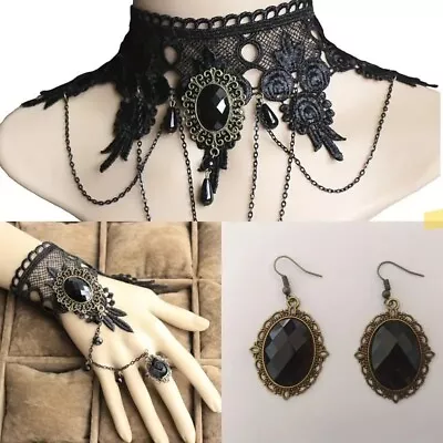 Buy Black Lace Choker Necklace Bracelet Gothic Halloween Jewellery Vampire Choker • 8.99£