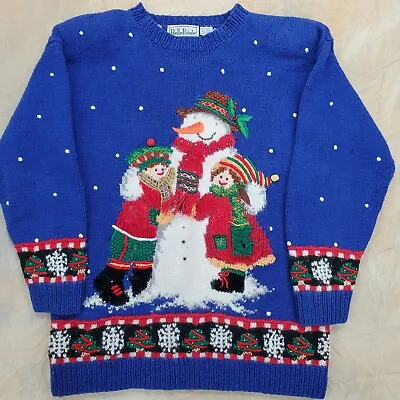 Buy Belle Pointe Sweater Women  XLarge Blue Christmas Snowman Children Fringe VTG • 8.99£