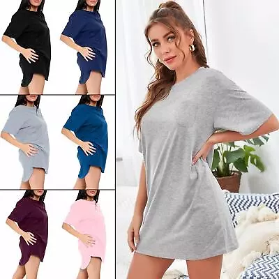 Buy Women's Plain Cotton Night Wear Long T-shirt Front Pocket Short Sleeve Nightwear • 5.99£