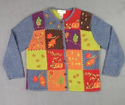 Buy Vtg Susan Bristol Cardigan Sweater L Fall Patchwork Leaves Pumpkins Teacher • 21.69£