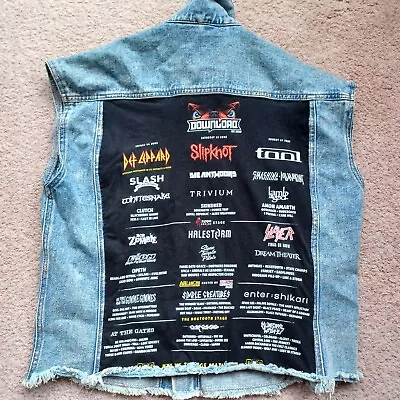 Buy Download Festival Distressed Denim Battle Jacket Cropped Vest Size 10 • 40.99£