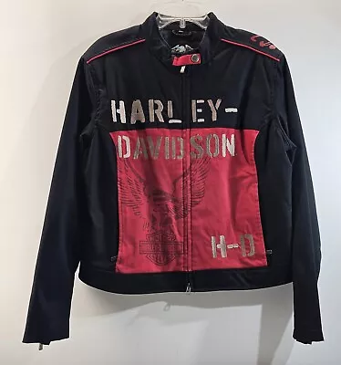 Buy Harley Davidson Womens Embroidered Eagle Jacket Red And Black Zip Up • 36.85£