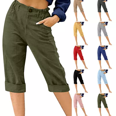 Buy Womens 3/4 Length Cropped Pants Ladies Stretch Elasticated Waist Jogger Trousers • 3.39£