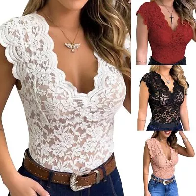 Buy HOT ⭐Womens V Neck Lace Solid Sleeveless T Shirt Tank Top Ladies Summer Blouses • 8.89£
