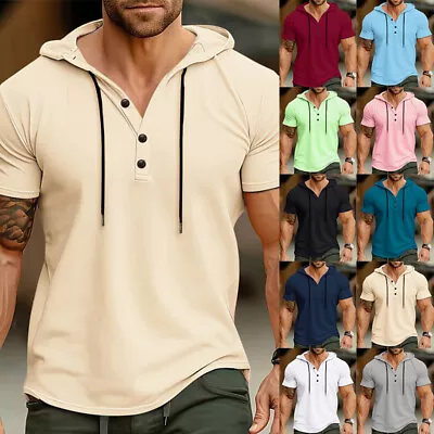 Buy Mens Hooded Short Sleeve T Shirt Casual Sports Training Tops Blouse Size 38-46 • 3.19£