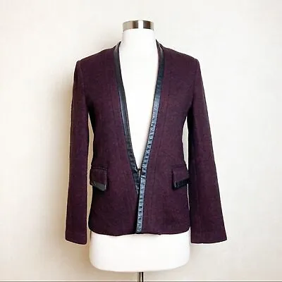 Buy Maje Burgundy Wool Blazer With Black Leather Trim Women Size 36 • 37.88£