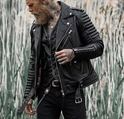 Buy Men Quilted Slim Fit Motorcycle Biker Jacket Black Genuine Sheepskin Leather • 116.30£