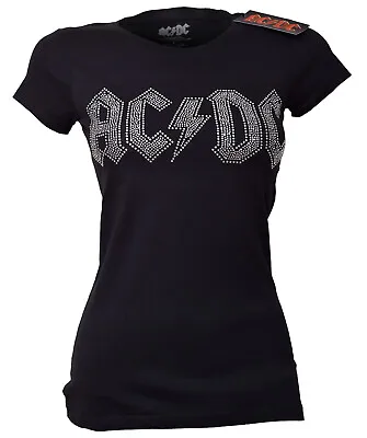 Buy AC DC Logo Diamante T Shirt Official Ladies  Skinny Sparkly Embellished NEW • 15.90£