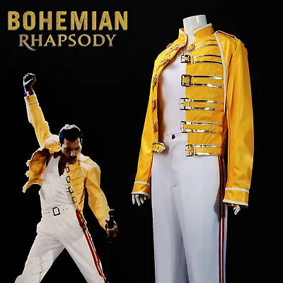 Buy Queen Lead Vocals Freddie Mercury Cosplay Costume Yellow Leather Jacket Coat • 76.18£