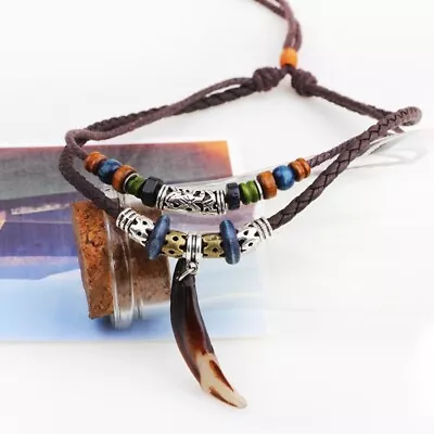 Buy Ethnic Jewelry Leather Tribal Necklace With Dog Tooth Pendant For Women Men • 6.35£