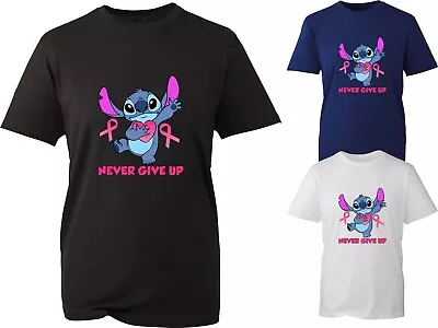 Buy Never Give Up Breast Cancer Awareness T Shirt Lilo & Stitch Pink Ribbon Gift Top • 11.99£
