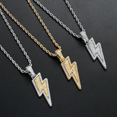 Buy Men's 14k Gold Plated Lightning Bolt Hip Hop Cubic Zircoina Pendant Necklace • 25.39£