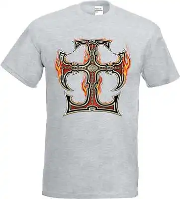 Buy T Shirt IN Ashton With Gothic Biker- & Tattoo Motif Model Flame Cross • 12.59£
