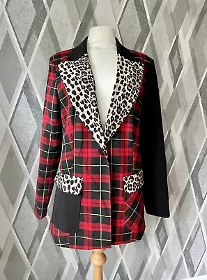 Buy 🖤 Topshop Red Tartan Leopard Print Black One Button Blazer Jacket Punk 12 40 • 55£