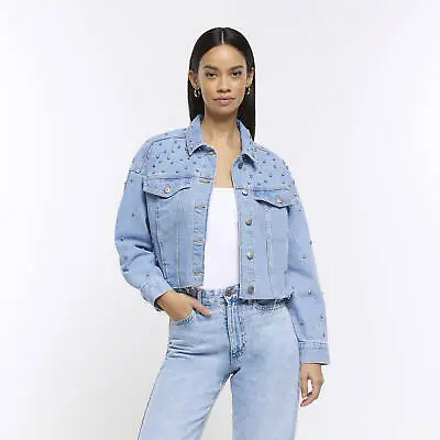 Buy River Island Womens Denim Jacket Blue Embellished Cropped Collared Outerwear Top • 11.80£