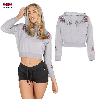 Buy Women's Crop Hoodie Ladies Floral Print Sweatshirt Cropped Top Pullover Jumper • 6.99£