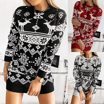 Buy Christmas Jacquard Knitted Dress Simple Women Sweater Dress Knit Pullover Dress • 19.07£