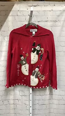 Buy Tiara Christmas Collection 2004  Sweater Small Embroidery Zip Cardigan Snowman • 22.20£
