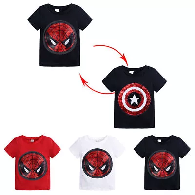 Buy Reversible Sequin Spiderman T-Shirt Kids Boy Short Sleeve Shirts Summer Tops Tee • 9.89£