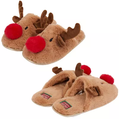 Buy Men's Novelty Christmas Slippers Mule Style Xmas 3D Rudolph Reindeer Faux-Fur • 14.99£